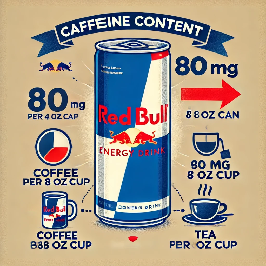 Caffeine content in a Red Bull compared to coffee and tea.